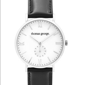 NEW THOMAS GEORGE MENS WATCH BLACK LEATHER STRAP